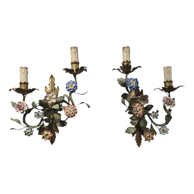 Vintage Wall Sconces with Porcelain Flowers, 1950s, Set of 2 For Sale