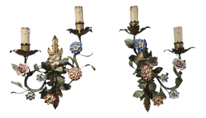Vintage Wall Sconces with Porcelain Flowers, 1950s, Set of 2