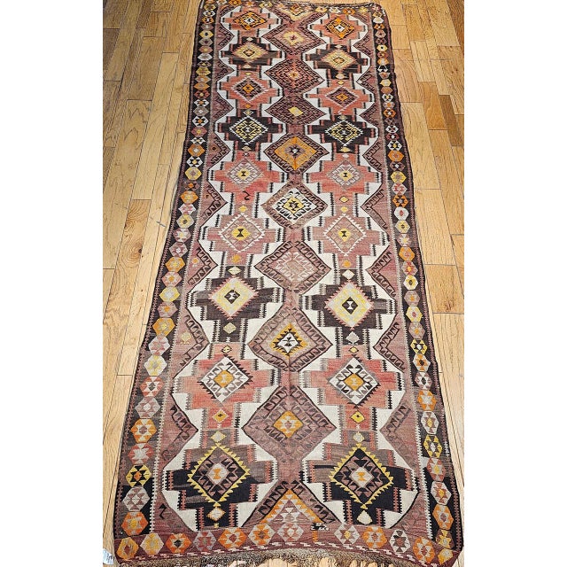 Early 20th Century Vintage Kurdish Kilim Gallery Rug, Handwoven Wool, Allover Geometric Pattern, 5x14.5 For Sale - Image 5 of 14