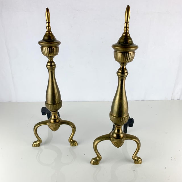 1970s Vintage Pair Federal Hollywood Regency Style Brass & Iron Andirons Fire Dogs For Sale - Image 5 of 6
