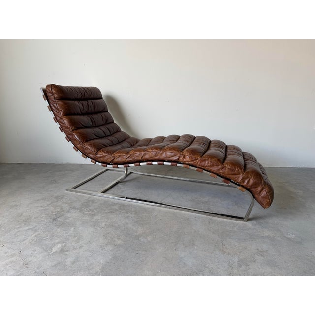 Mid-Century Modern Restoration Hardware Oviedo Brown Leather & Chrome Chaise Lounge For Sale - Image 3 of 12