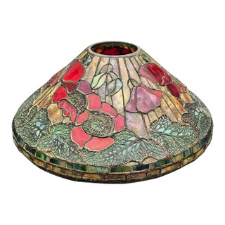 Mid 20th Century Tiffany Studios Style Signed Stained Leaded Glass Lamp Shade Poppy Flowers For Sale