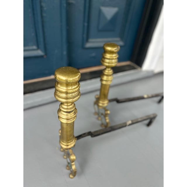 Early 20th Century Antique Brass Fireplace Andirons With Iron Log Supports | English Style Turned Finials | 19” Tall For Sale - Image 5 of 8