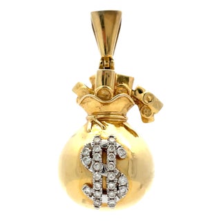 Solid Yellow Gold Diamond Dollar Sign Money Bag Charm/Pendant For Sale