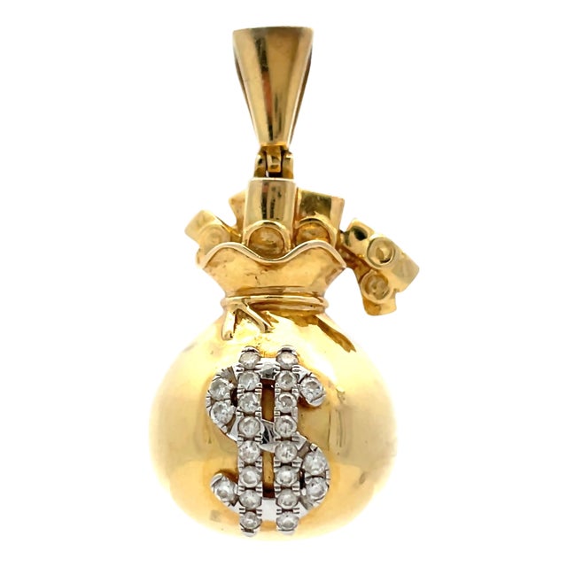 Solid Yellow Gold Diamond Dollar Sign Money Bag Charm/Pendant For Sale