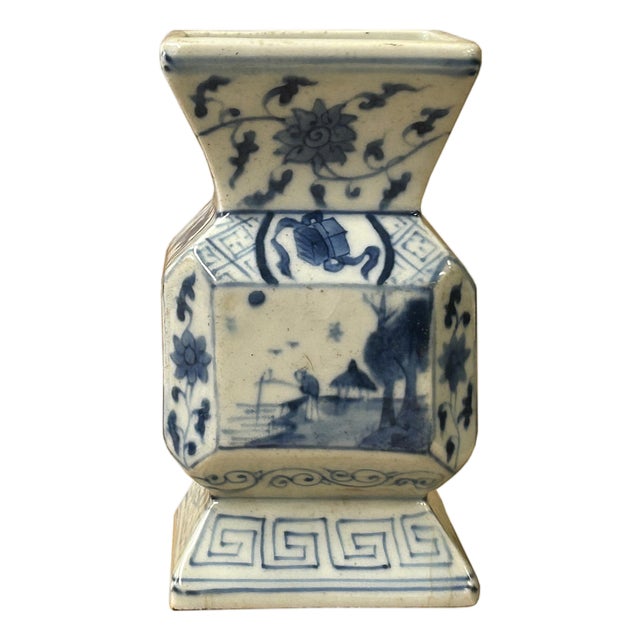 Vintage Pale Blue White Scenery Graphic Square Porcelain Vase 2 For Sale