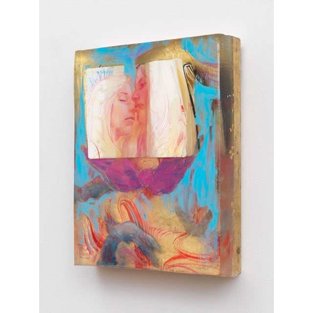 This artwork features a layered composition that intertwines vibrant colors and textures, showcasing intimate figures...