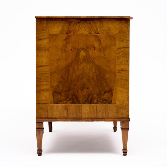 Wood Italian Neoclassical Walnut and Marquetry Three-Drawer Commode For Sale - Image 7 of 9