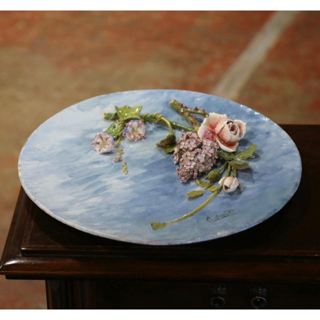 Mid-Century French Hand Painted Ceramic Barbotine Floral Platter, Signed Lefranc For Sale In Dallas - Image 6 of 7
