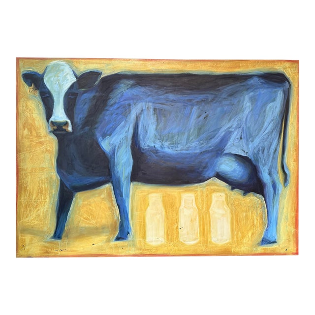 Suzanne Frazier Blue Cow Oil on Canvas Painting For Sale