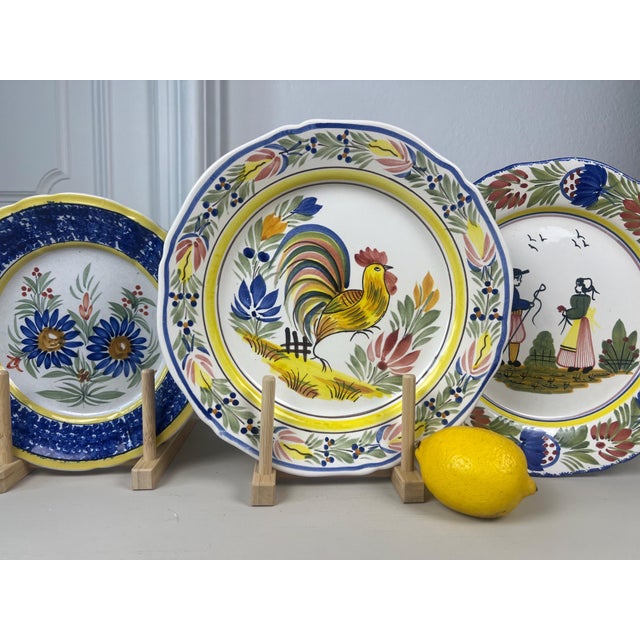 French Vintage Hb Quimper Hand Painted Rooster Plate | French Faience Coq, Brittany Pottery For Sale - Image 3 of 9
