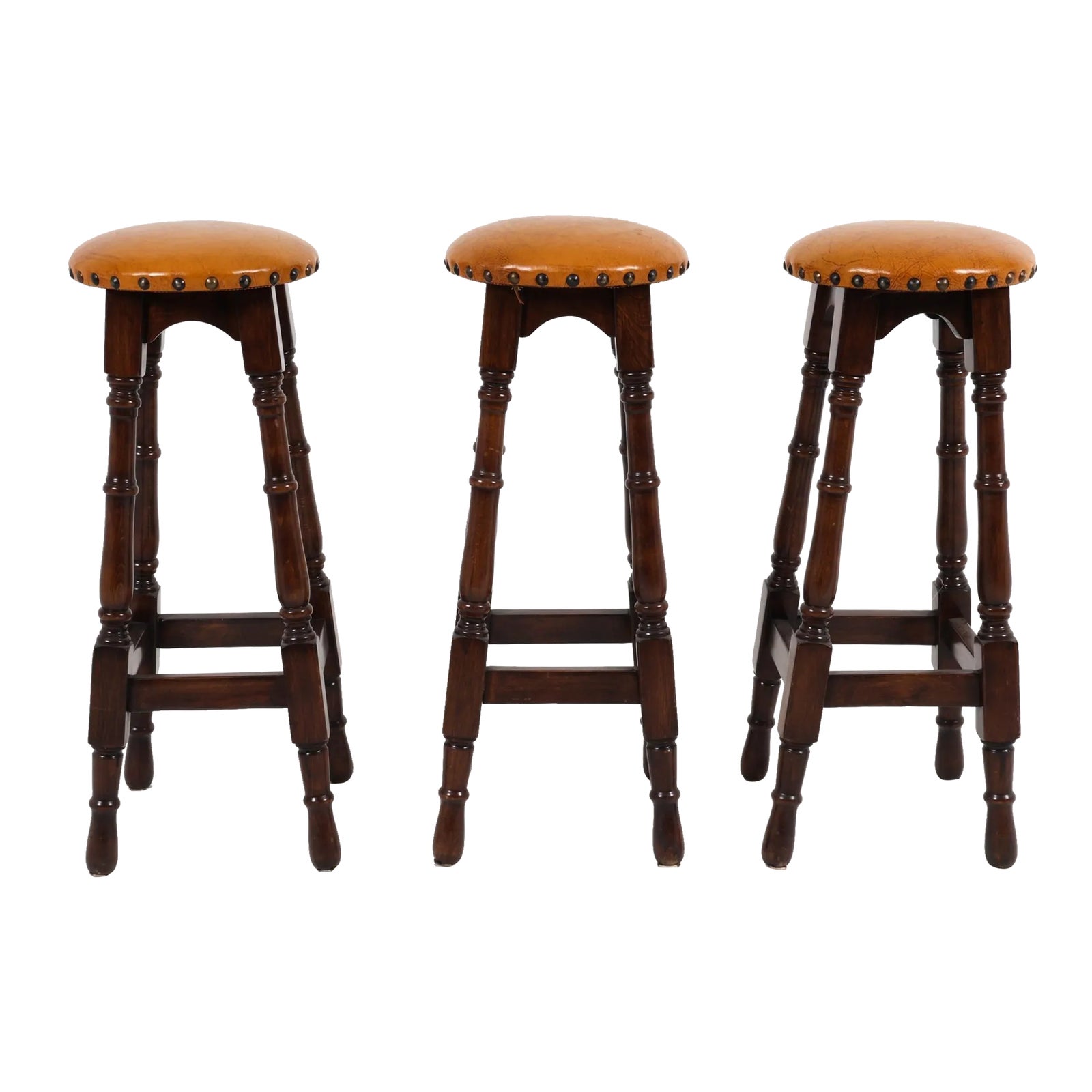 Vintage Mahogany Bar Stools With Brass Nailhead Trim—Set of