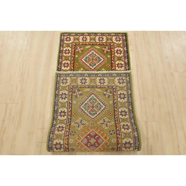 Kazak Runner 2’1” X 5’11” Green Wool Tribal Hand-Knotted Oriental Rug For Sale - Image 9 of 10