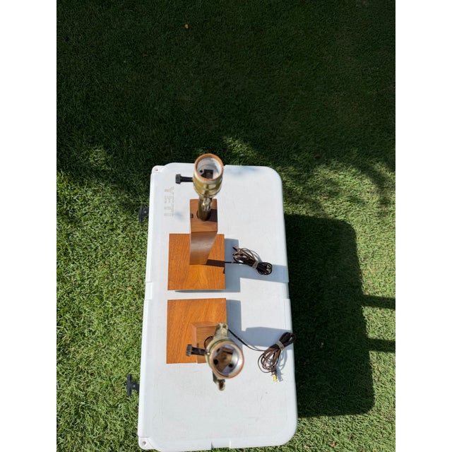 Brown Mid-Century Modern Architectural Walnut and Brass Table Lamps, Pair For Sale - Image 8 of 12