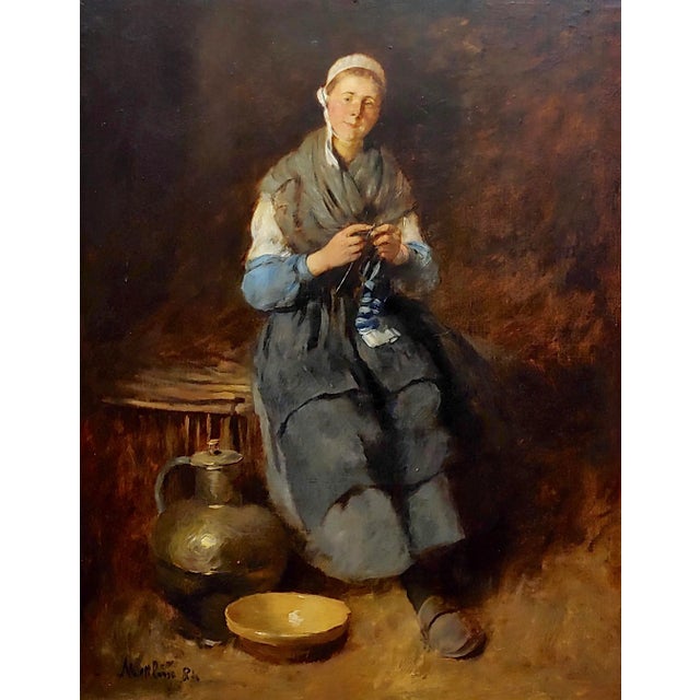 Impressionist Louis Mettling - Young Woman Knitting -19th Century Genre Oil Painting For Sale - Image 3 of 10