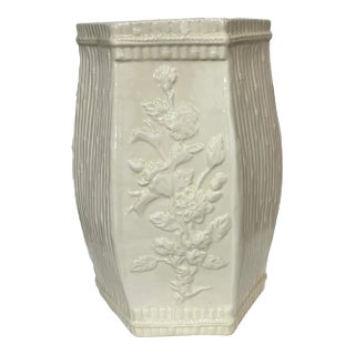 Chinoiserie White on White Bamboo and Floral Garden Stool For Sale