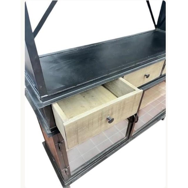 Industrial Huge Industrial Open Shelf Iron & Teak Wood Glass Door Bookcase For Sale - Image 3 of 7