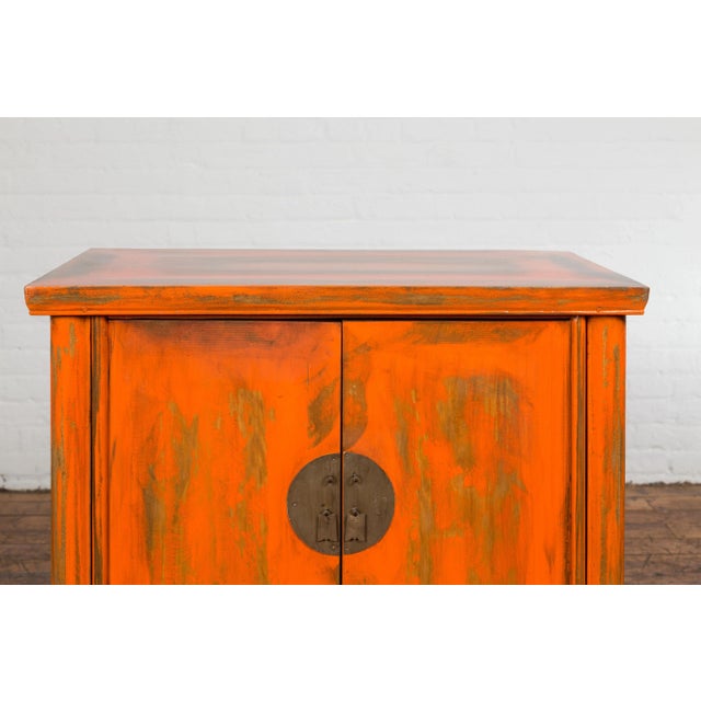 Early 20th Century Chinese Late Qing Dynasty Elm Side Cabinet with Custom Orange Lacquer For Sale - Image 5 of 13