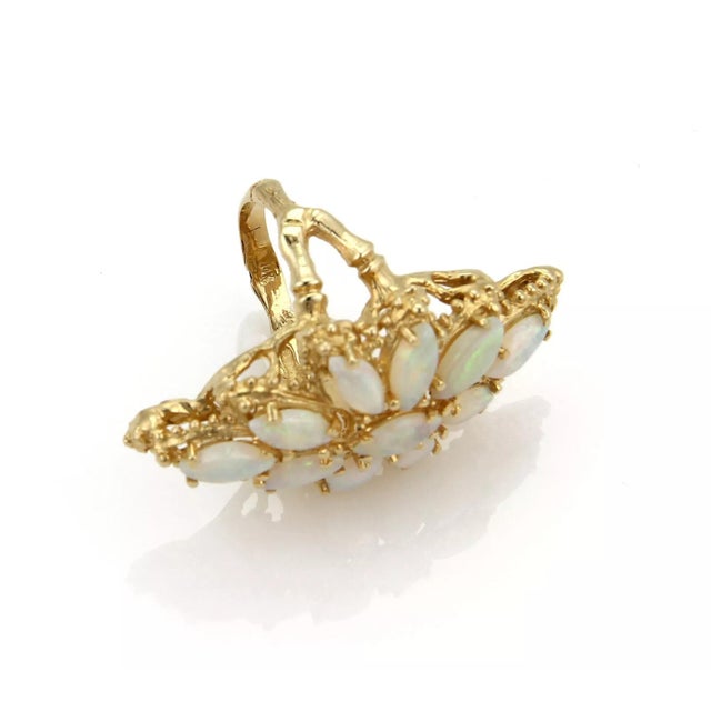 Marquise Fire Opal Floral Design Long Finger 14k Yellow Gold Ring, Size 5 For Sale - Image 4 of 5
