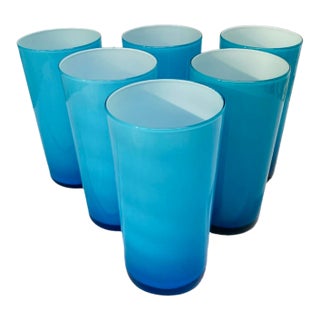 Vintage Turquoise Hand-Blown Cased-Glass Highball Glasses, Set/6 For Sale