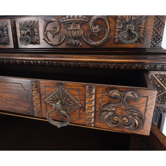 Jacobean Carved Oak Server Buffet 2 Doors 3 Drawers Commode Cabinet For Sale - Image 9 of 12