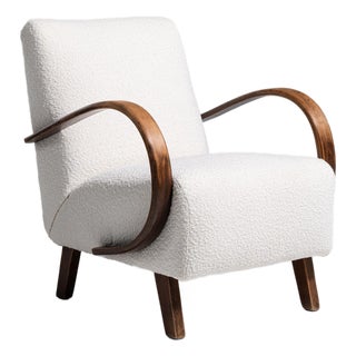 20th Century Czech Republic Warm Ivory Boucle Bentwood-Arm Lounge Chair For Sale