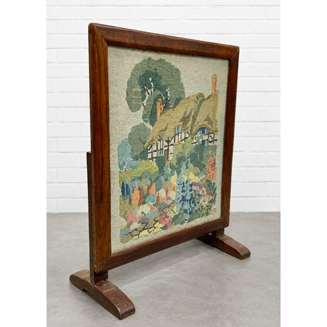 1920s Antique Needlepoint Fires Screen With Cottage Garden Scene, Wood Framed Hearth Screen, C. 1920s–1940s For Sale - Image 5 of 11