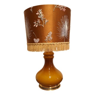 Vintage Amber Illuminated Glass Table Lamp with Handmade Fabric Shade, 1970s For Sale