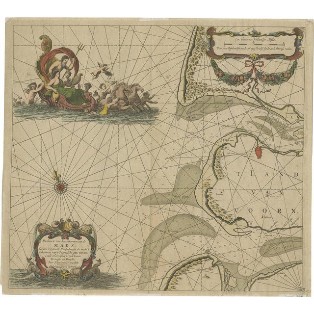 17th Century Original Antique Sea Chart of the Maas or Meuse River with Neptunes, 1684 For Sale - Image 5 of 5