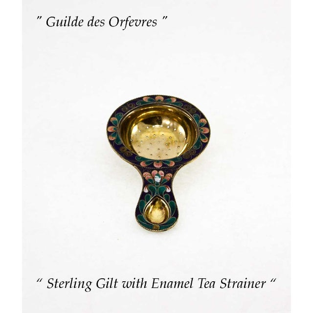 Baroque 1960s Sterling Gilt Tea Strainer With Multicolor Enameled Cloisonné. For Sale - Image 3 of 6