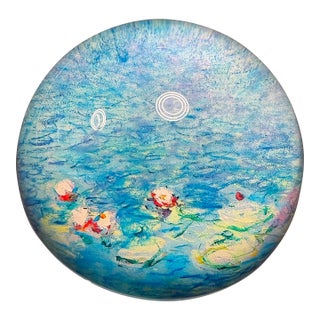 Late 20th Century Monet Style Water Lily Art Glass Paperweight Dome in Luminous Blue Tones For Sale