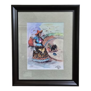 Lorenzo Castñeda 2010 "La Fiesta" Framed Watercolor 23"h X 19"w Beautiful Colorful Western Piece For Sale
