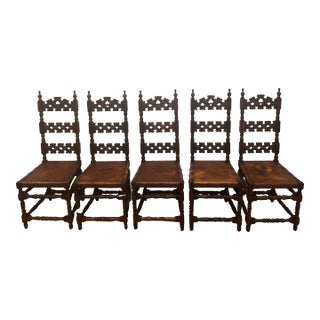 Early 20th Century Set of 5 Antique Spanish Revival Carved Dining Chairs For Sale