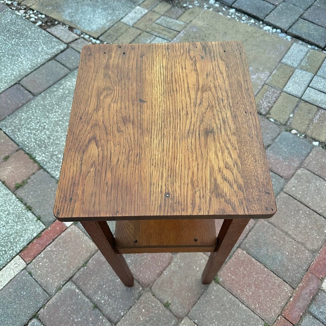 Vintage Oak Plant Stand or Side Table With Lower Shelf – Arts & Crafts Style For Sale - Image 4 of 10