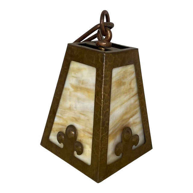 Vintage Arts & Crafts Hammered Metal & Stained Glass Light Pendant For Sale