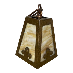 Vintage Arts & Crafts Hammered Metal & Stained Glass Light Pendant
