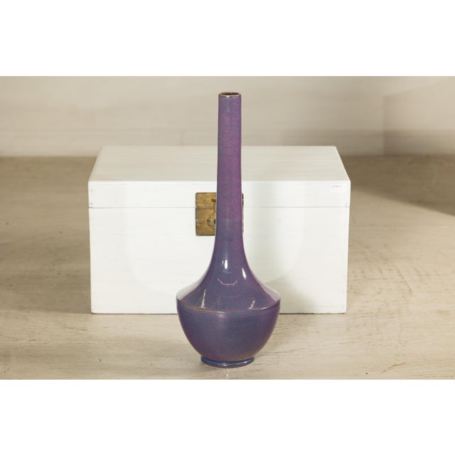 Tall Artisan Ceramic Vase with Purple Glaze and Slender Neck For Sale - Image 17 of 18