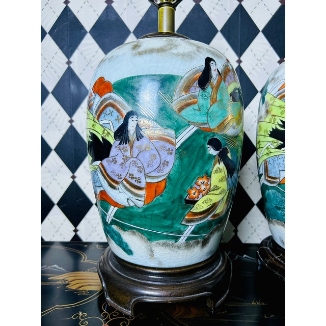 1950s Hand-Painted Japanese Porcelain Tabletop Lamps Pair Court Ladies, Large 32"h For Sale - Image 18 of 18