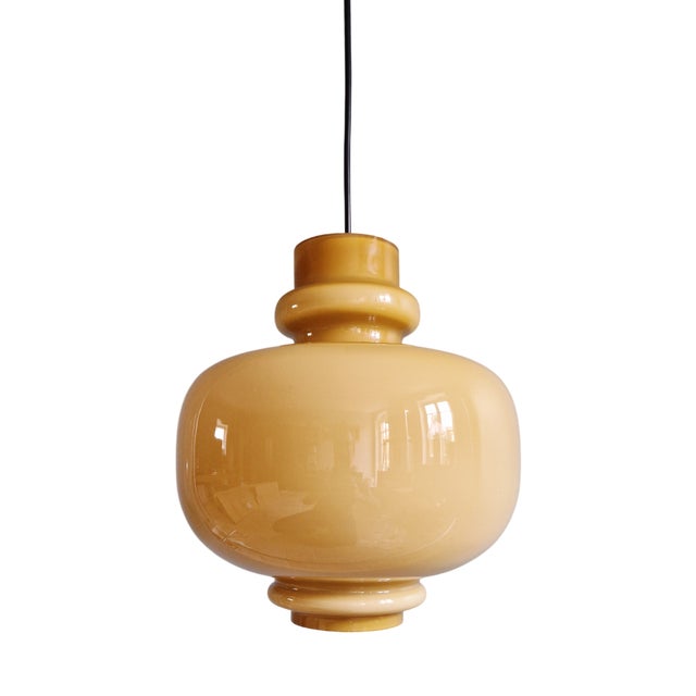 Scandinavian Pendant Light in Mustard-Colored Opaline Glass by Hans-Agne Jakobsson for Staff Leuchten, 1970s For Sale