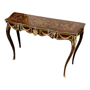 French Style Brown Console Table With Gold Leaf Accents