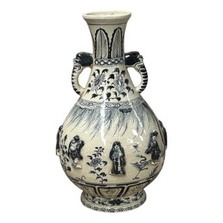Oriental Cream White Color Blue Eight Immortal Theme Porcelain Vase Art For Sale