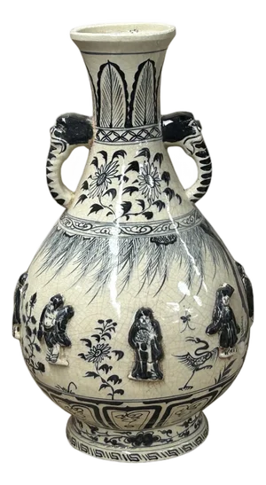 Oriental Cream White Color Blue Eight Immortal Theme Porcelain Vase Art