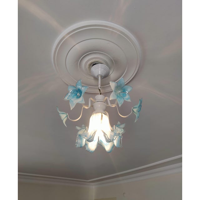 Vintage Murano Style Glass Chandelier, 1980s Blue Floral Lamp, Small Italian Ceiling Light For Sale - Image 10 of 13