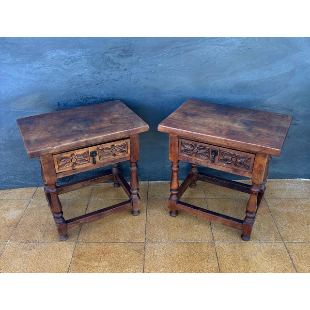 Wood Pair of Spanish Rustic Bedside Tables With Carved Drawers, Mid-20th Century For Sale - Image 7 of 11