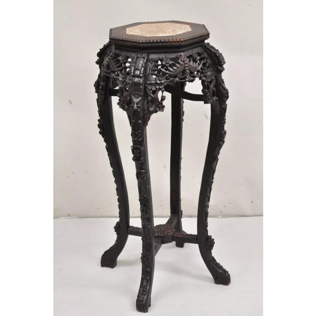 Antique Chinese Carved Hardwood Marble Top Plant Stand Side Table For Sale - Image 12 of 12