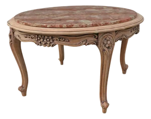 French Circular Carved Coffee Table with Marble Top, 1960s