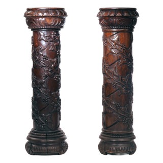 Wooden Pedestals Column with Hand-Carved Grapevine Motif, France, 1950s, Set of 2 For Sale