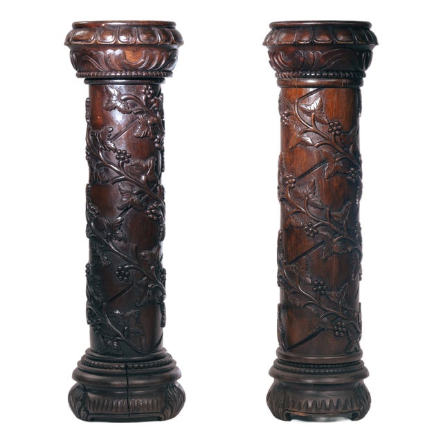 Wooden Pedestals Column with Hand-Carved Grapevine Motif, France, 1950s, Set of 2 For Sale