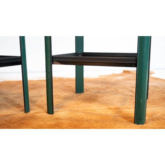 1980s Mid-Century Matteo Grassi Green Saddle Leather Sistina Counter Stools - A Pair For Sale - Image 13 of 16