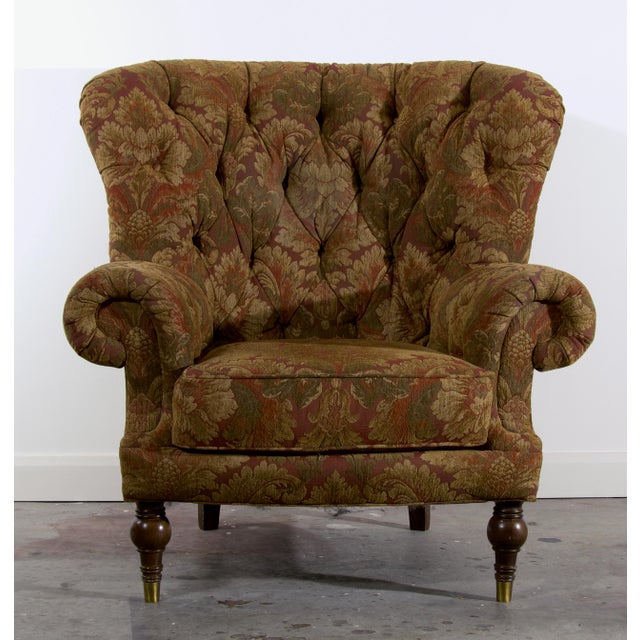 American Oversized Sherrill Tufted Scroll Arm Barrel Back Lounge Chair With Turned Legs & Brass Caps, Made in Usa Late 20th Century For Sale - Image 3 of 6